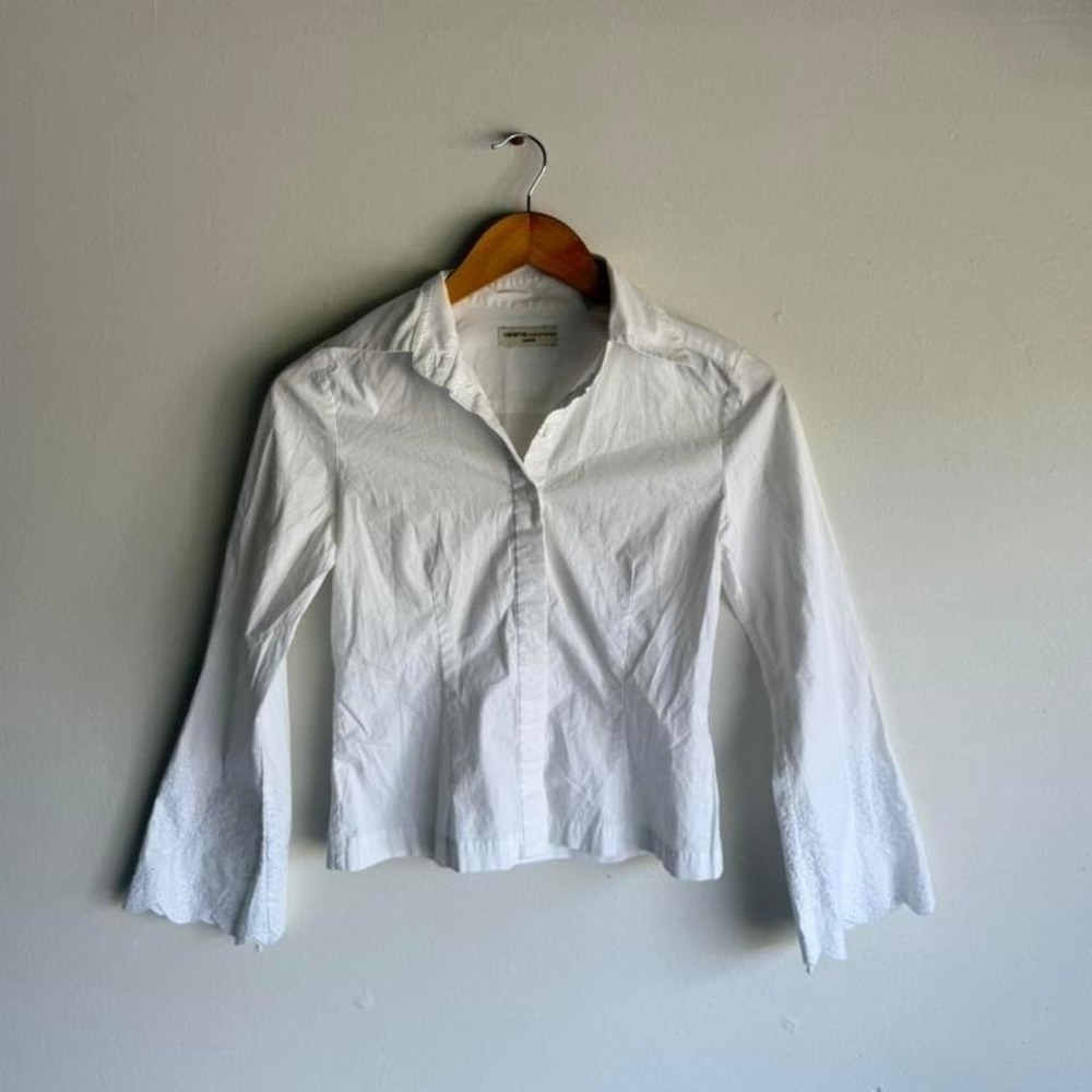 White vintage cropped cotton blend button up shirt with bell sleeves